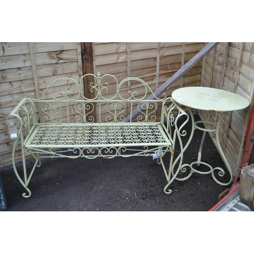 10 - Green Painted Metal Ornate Garden Seat & Small Round Table