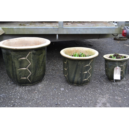 14 - 3 Graduated Green Glaze Planters, 2 with Contents