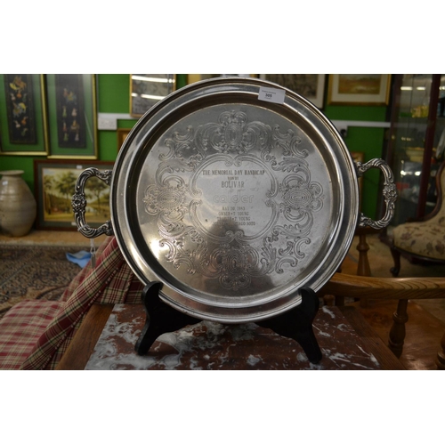 305 - Silver plated trophy tray , horse racing interest (stand not inc.)