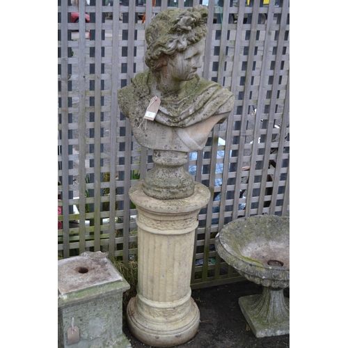 44 - Roman Stone Effect Caesar Bust on Fluted Column Base (H146cm)