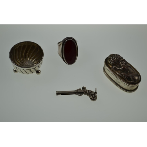 488 - Pistol Fob, Silver Salt, Silver Agate Set Ring & Silver Plated Pillbox with Embossed Lion Decoration