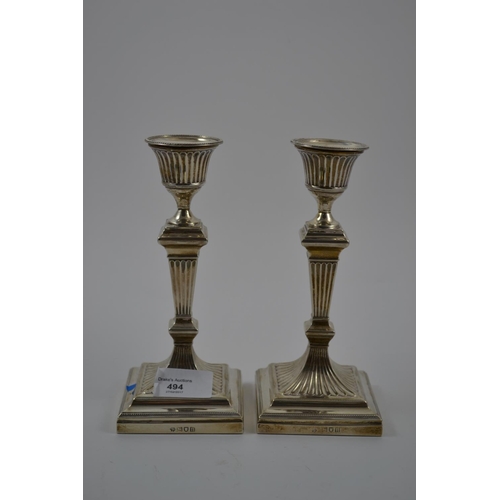 494 - Pair of Column Shaped Candlesticks. HM London 1908. (H17cm)