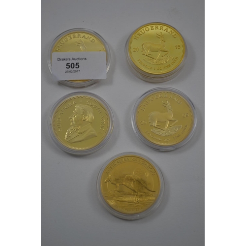 505 - Imitation Collectable Gold Plated Coins. 4 Krugerrand's & 1 $100 Australian Coin