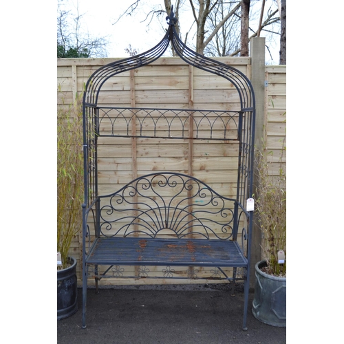 7 - Ornate Metal Pagoda Seat with Arched Surmount. H6ft x W4ft approx.