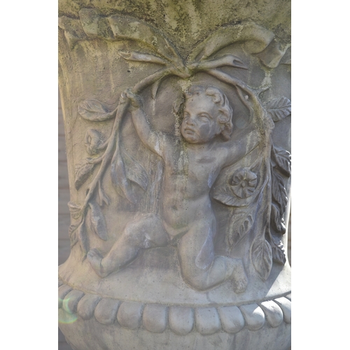 3 - Campagna Concrete Urn with Putti & Floral Decoration on Fluted Pedestal & Square Detailed Base