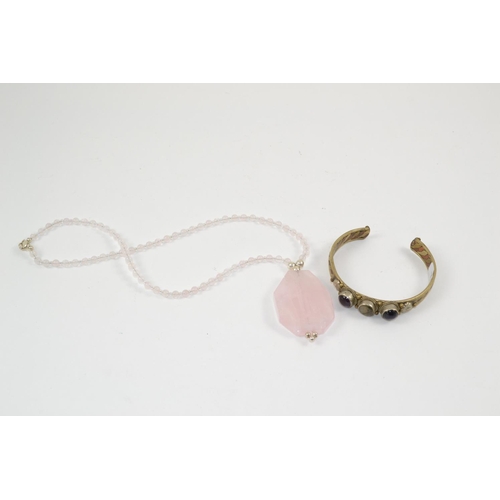 433 - Rose Quartz Pendant Necklace & Amethyst Set Bangle