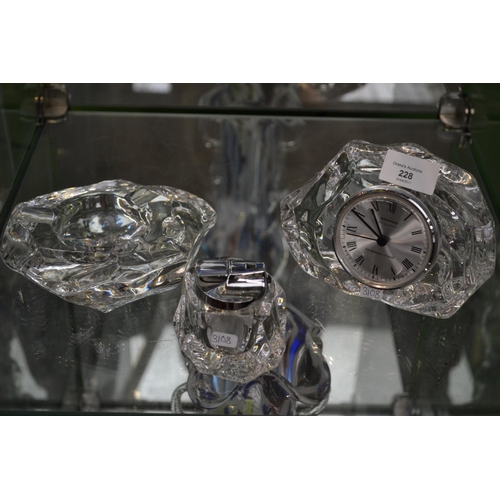 228 - Crystal ashtray, mantle clock & table lighter