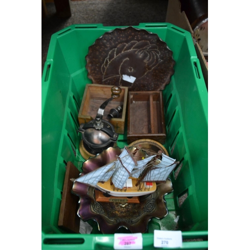 270 - Box of Various Items inc. Mantle Clock, Iridescent Bowl, Small Boat etc.