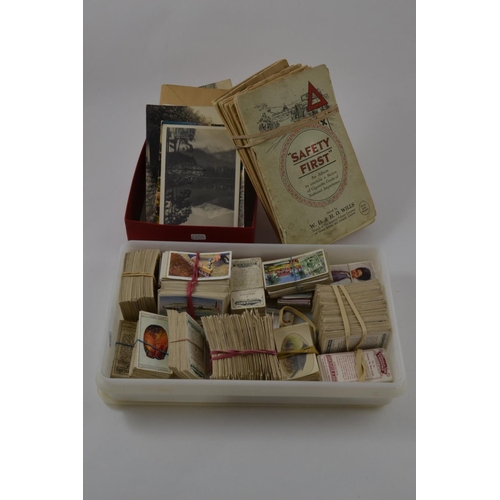 334 - Collection of Loose Cigarette Cards in Box + Box of Albums & Loose + Postcards