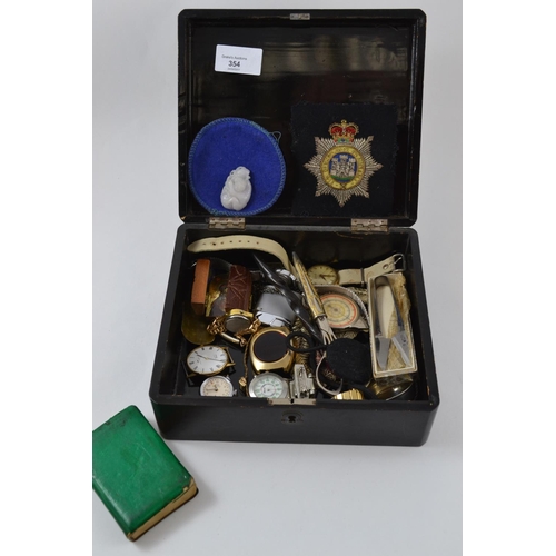 354 - Lacquer Box Containing Watches & Various Silver Items Etc.