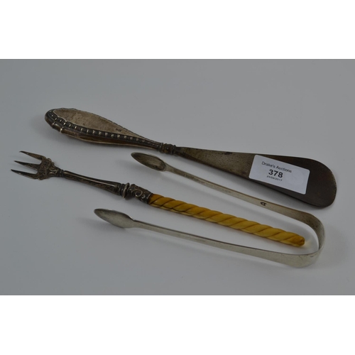 378 - Georgian Silver Tongs/Silver Fork/Silver Shoe Horn