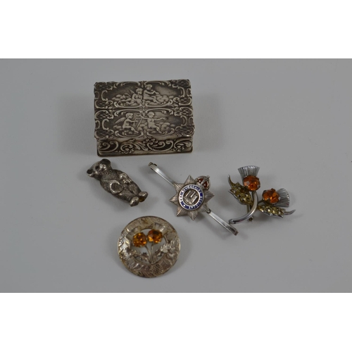 380 - Sheffield Silver Pillbox + Novelty Items inc. Sweetheart Brooch