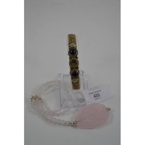 433 - Rose Quartz Pendant Necklace & Amethyst Set Bangle