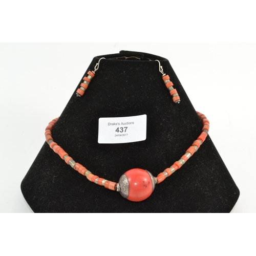 437 - Ethnic style coral necklace with white metal spacers