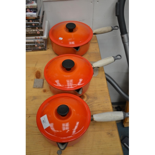 483 - Set of 3 Orange Le Creuset Pans