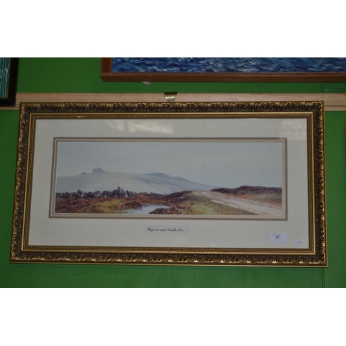 120 - W Widgery framed print of Hay Tor & Saddle Tor, 53cm x 16.5cm