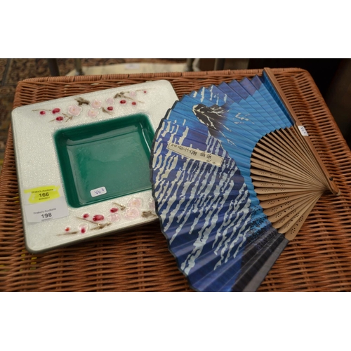 198 - Japanese enamel dish & paper fan