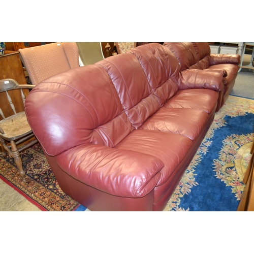 740 - Burgundy Leather 3 Seater Sofa