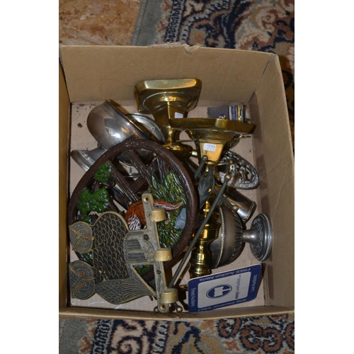 238 - Box of various metalware inc. brass candle sticks