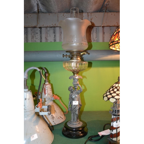 260 - Ornate oil lamp with figurine base & Hinks & Sons burner