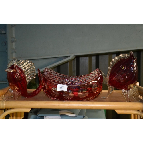 309 - 2 Red glass fish A/F, possibly Murano & red glass basket