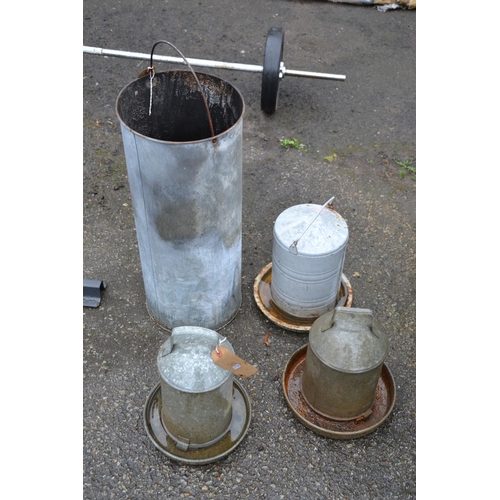 127 - Three galvanised chicken feeders & galvanised tall bucket