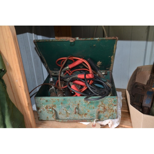 56 - Tin box containing sockets & jump leads etc
