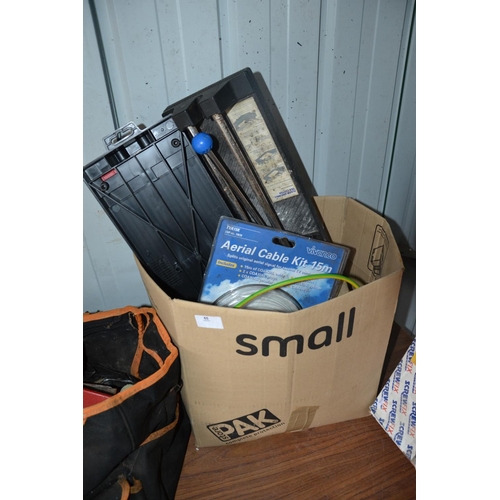 65 - Box containing tile cutter & electrical wire etc.