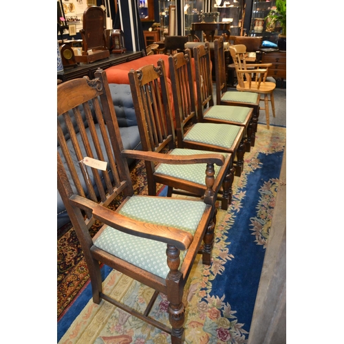 805 - 5 Oak dining chairs inc. carver