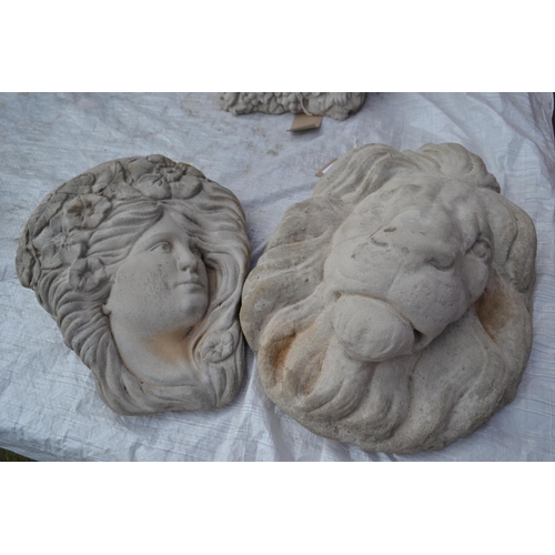 13 - Lions head concrete wall ornament (L40cm) + Flower girl wall mounted planter (L33cm)