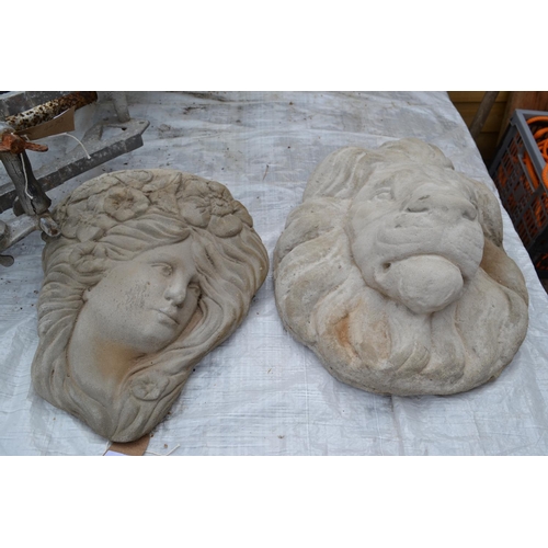 13 - Lions head concrete wall ornament (L40cm) + Flower girl wall mounted planter (L33cm)