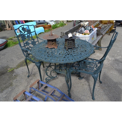 162 - Cast aluminium flower design table & 2 chairs