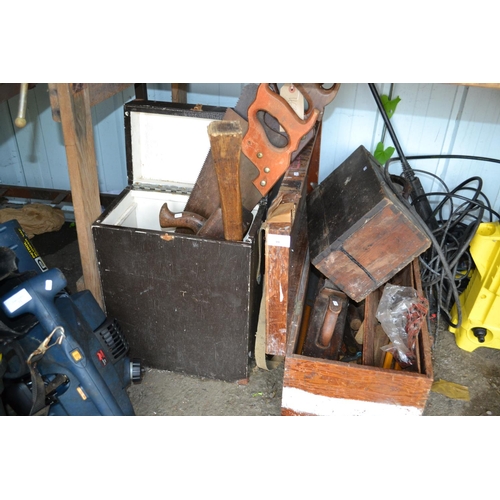 99 - 2 wooden tool boxes inc. planes, saws etc.