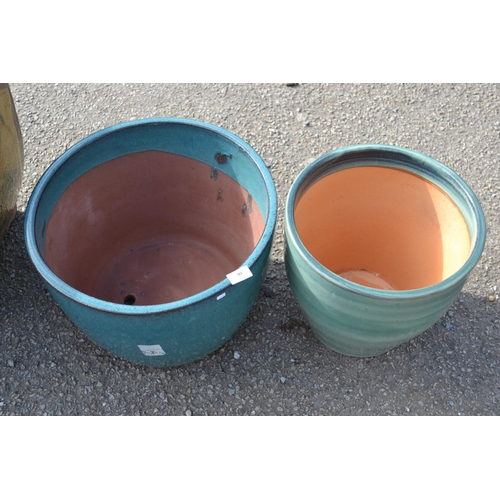 183 - 2 teal coloured glazed planters