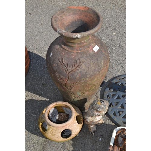 213 - Large terracotta vase with fish decoration, owl and a strawberry planter