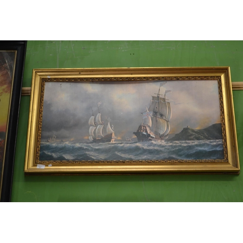 225 - Print in a gilt frame of galleons in a storm, w 90 x h45cm, area of damage