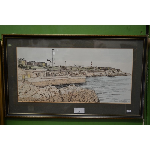 229 - Ink & watercolour of Plymouth Hoe, signed Chris Robinson,