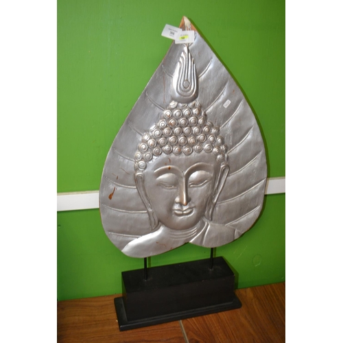 366 - Wooden mounted Buddha on bodhi leaf (h67cm)