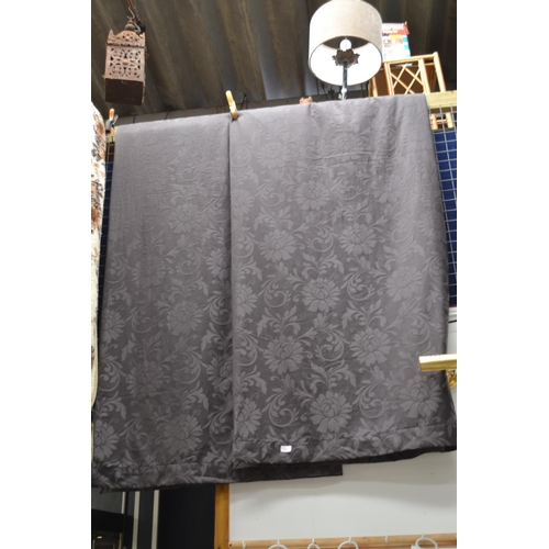 488 - Pair of lined & insulated black curtains with a damask floral pattern. Drop 267cm x 196cm each.