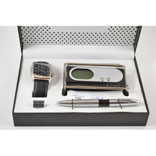 538 - Boxed watch, pen & clock set (clock AF)