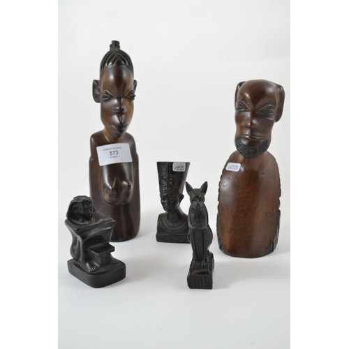 573 - 2 carved African busts & 3 Egyptian models