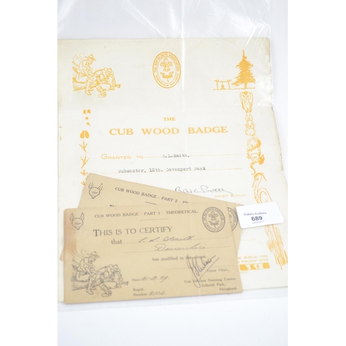 689 - Cub Wood Badge certificate dated Feb 14th 1930 signed Baden Powell & two other certificates