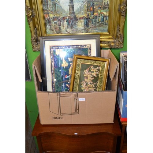 168 - Box of framed embroideries & hand painted silk panels