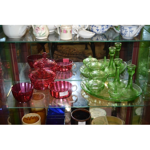 192 - Green glass dressing table set & cranberry glass items