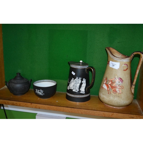 198 - Staffordshire jug, Black jug and bowl,  all with Classical Greek style designs plus an early black w... 