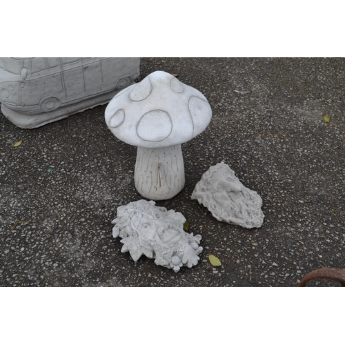 105 - 2 concrete garden green man features + concrete garden mushroom