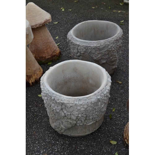 127 - Pair of rose adorned circular concrete garden planters