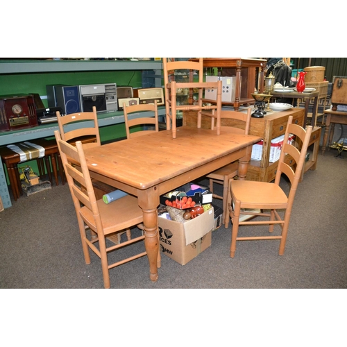 335 - Pine dining table & six beech chairs