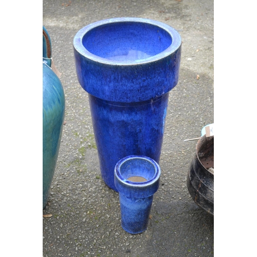 142 - 2 blue drip glazed planters