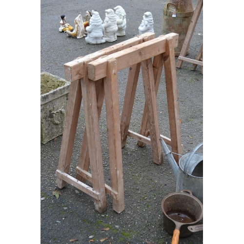 145 - Pair wooden trestles stamped 'BMC'